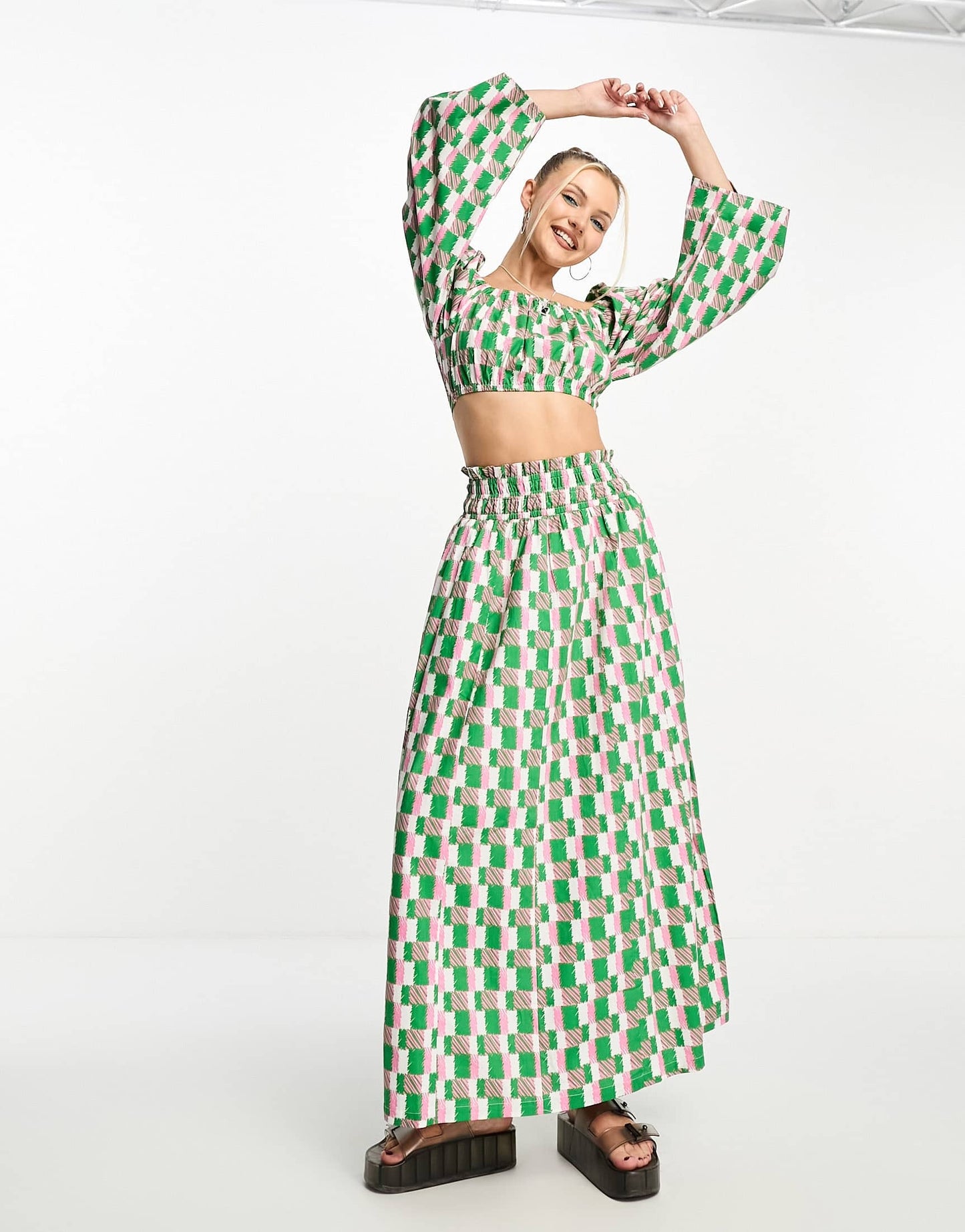 Native Youth cotton geo print bell sleeve bralet top co-ord in green