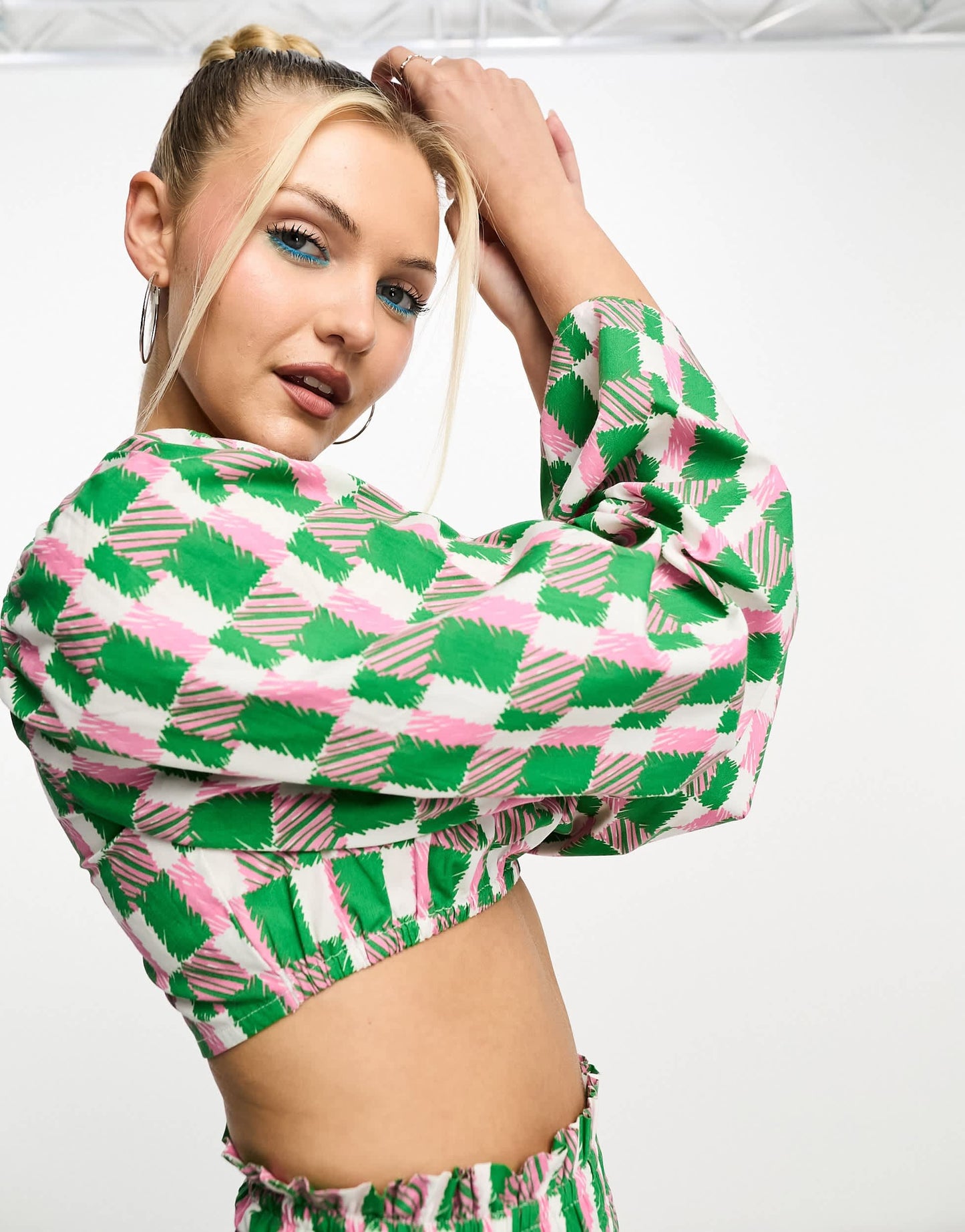 Native Youth cotton geo print bell sleeve bralet top co-ord in green
