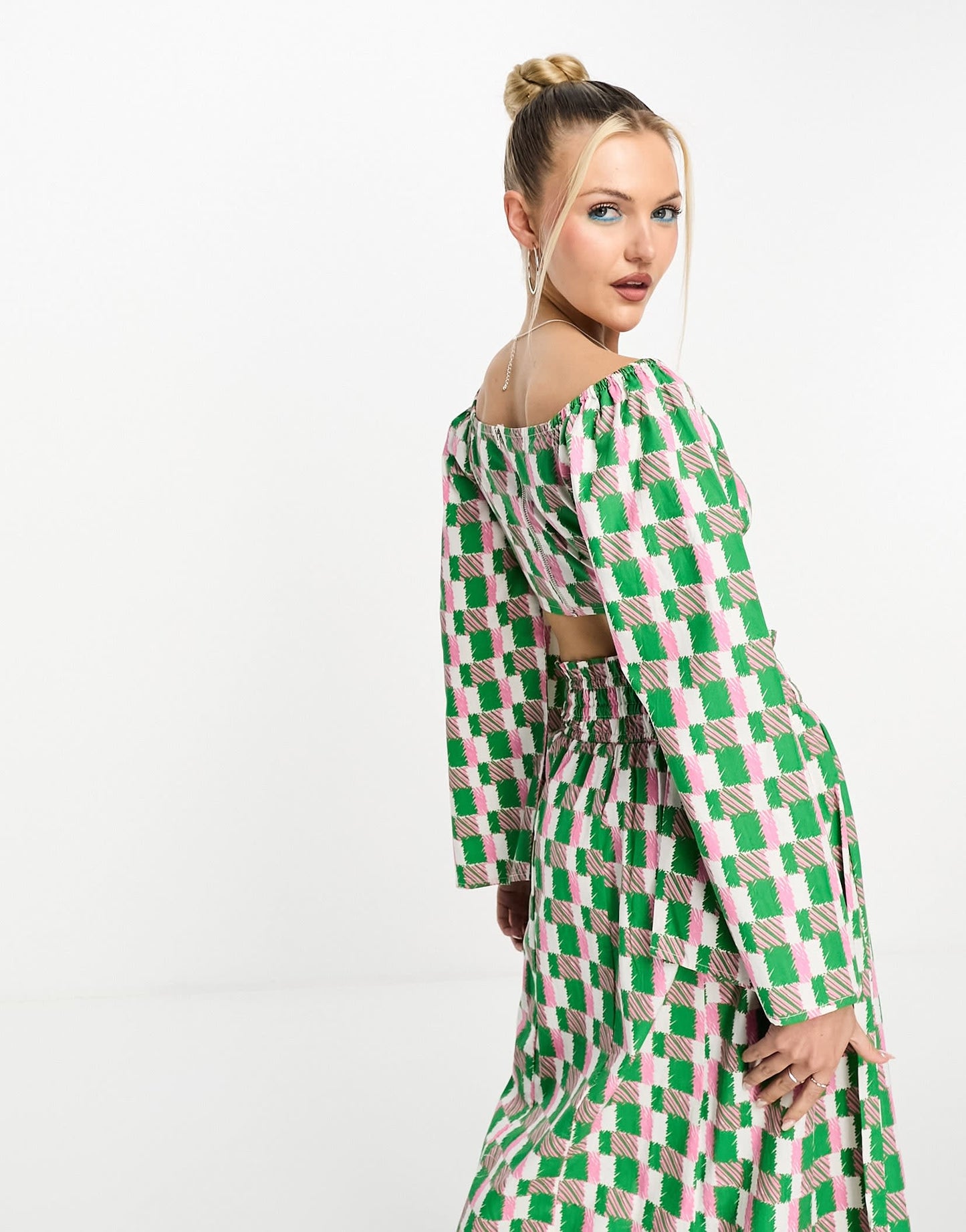 Native Youth cotton geo print bell sleeve bralet top co-ord in green