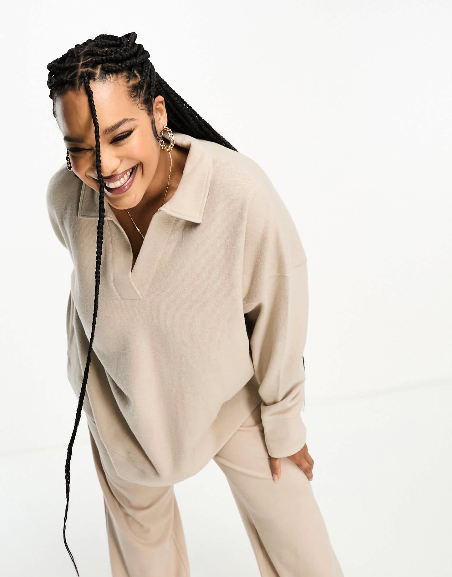 ASOS DESIGN Curve supersoft long line polo neck jumper co-ord in warm cream - CREAM