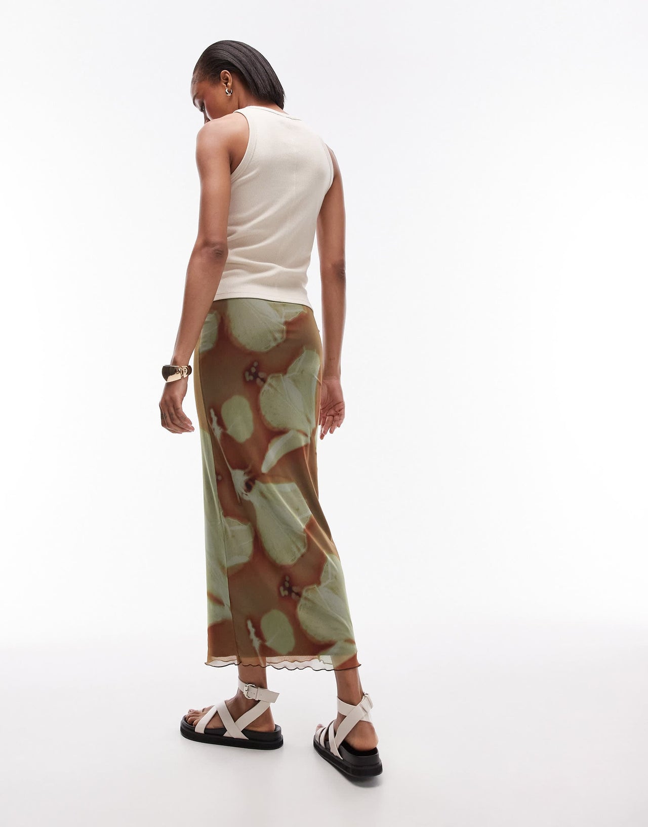 Topshop Tall placement floral print midi skirt in tan