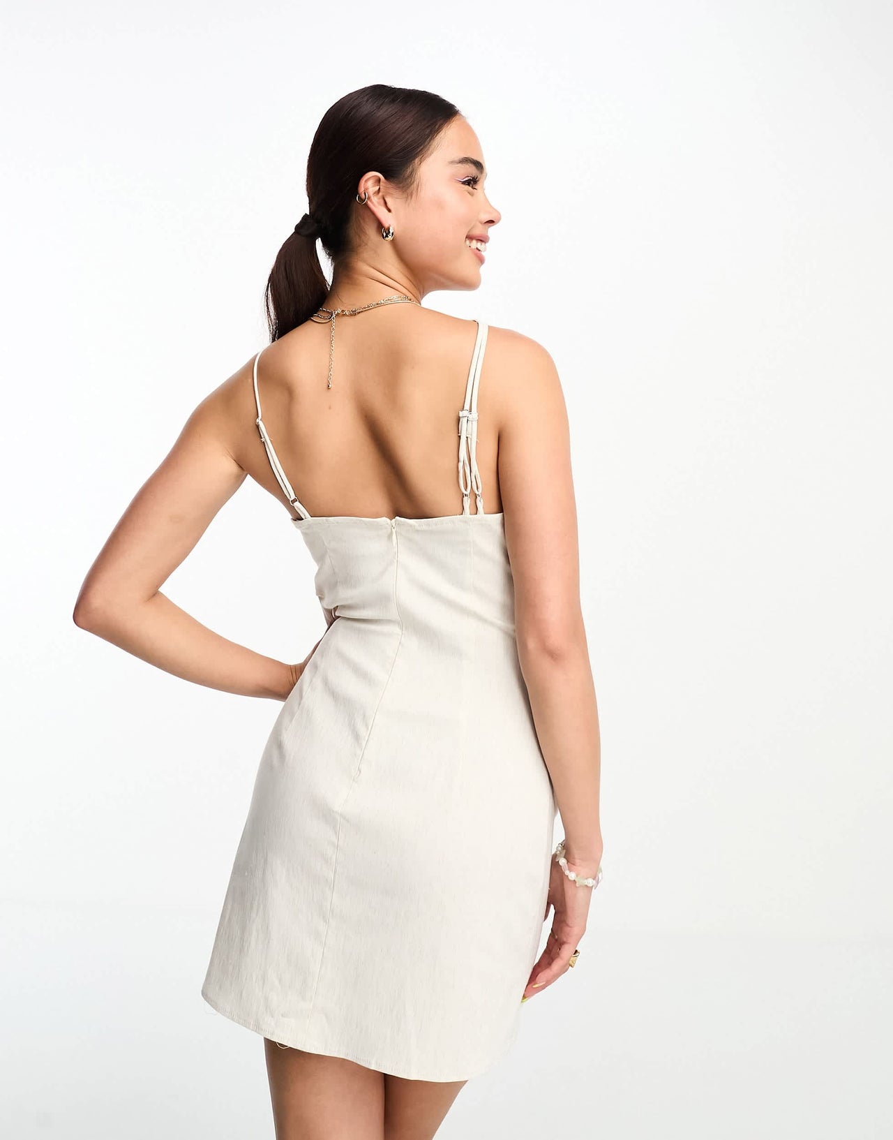 Stradivarius linen cami mini dress in natural