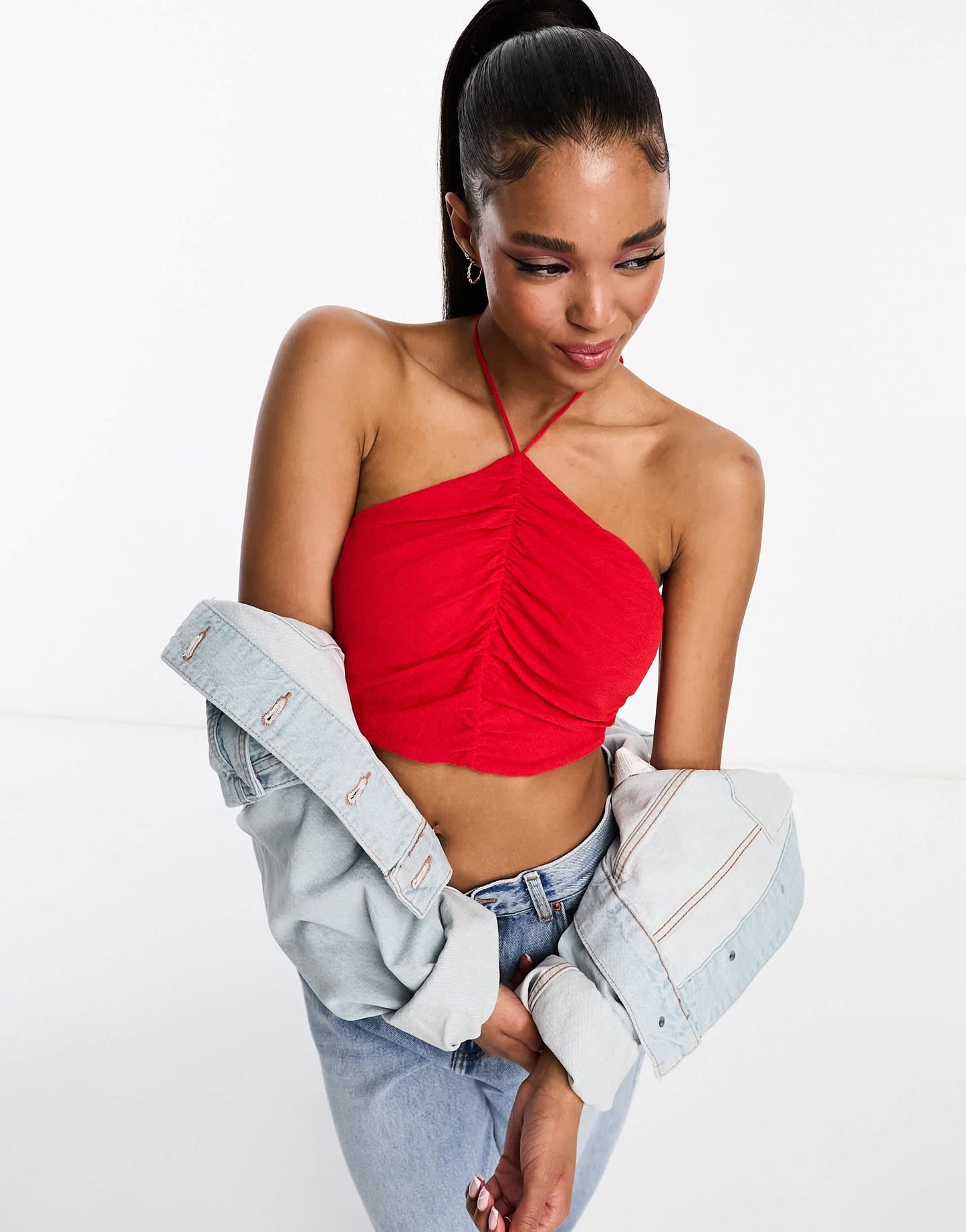 Pull&Bear ruched halterneck crop top in red