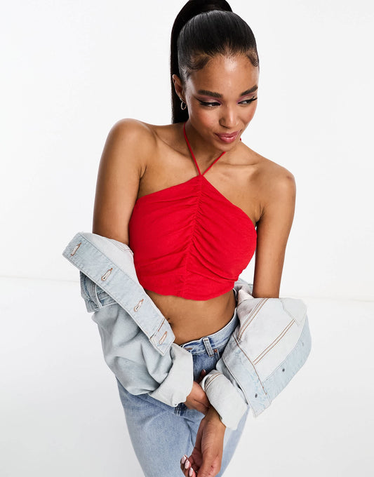 Pull&Bear ruched halterneck crop top in red