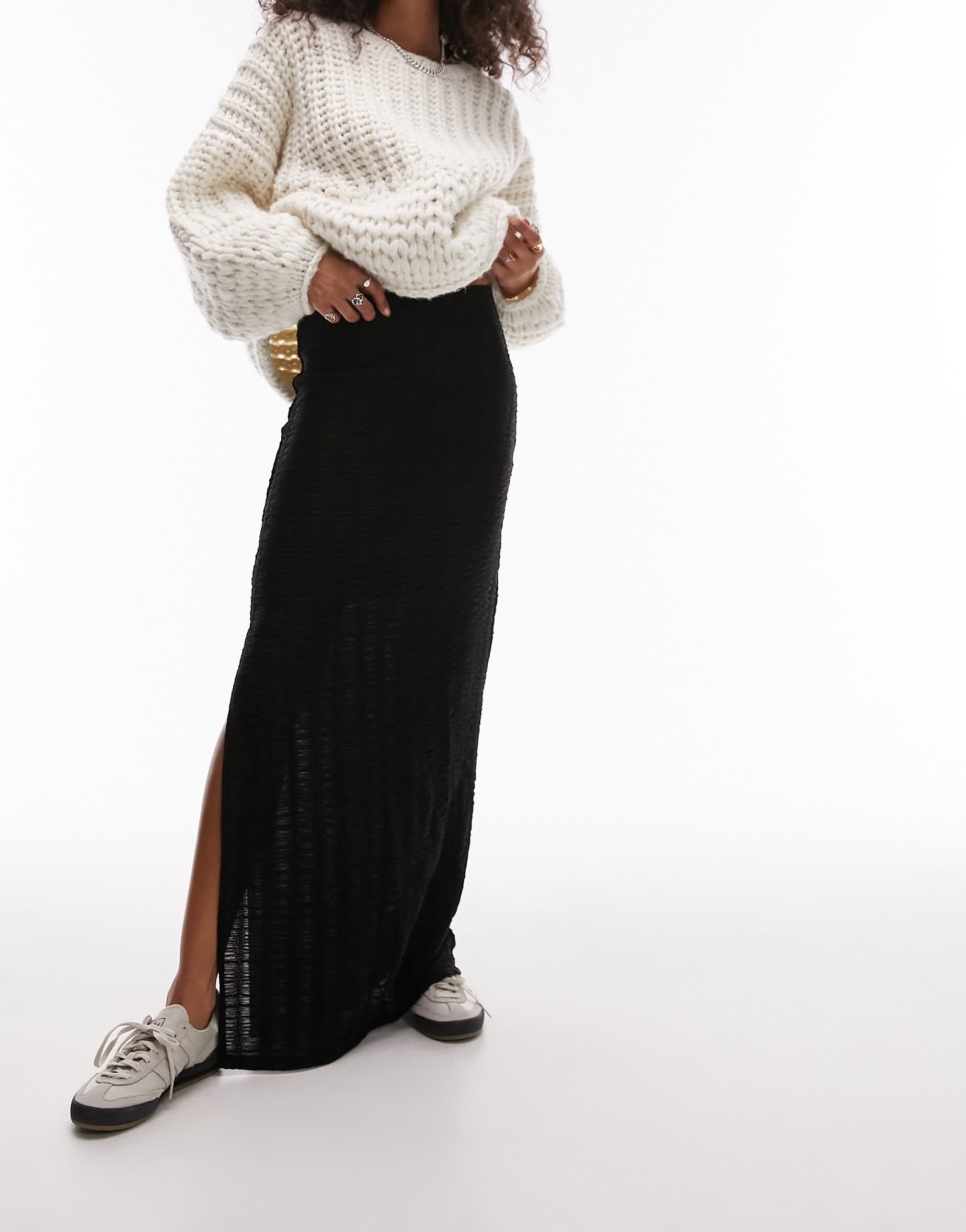 Topshop textured check maxi skirt in black