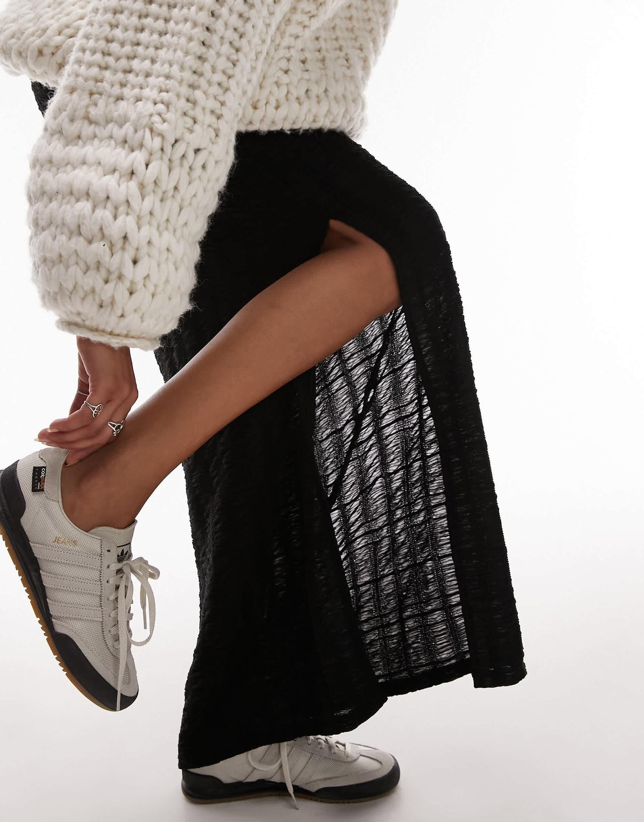 Topshop textured check maxi skirt in black