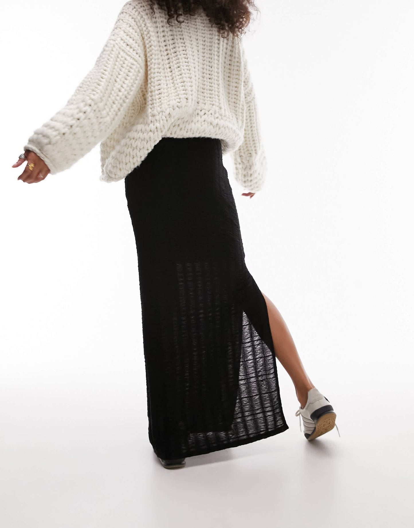 Topshop textured check maxi skirt in black