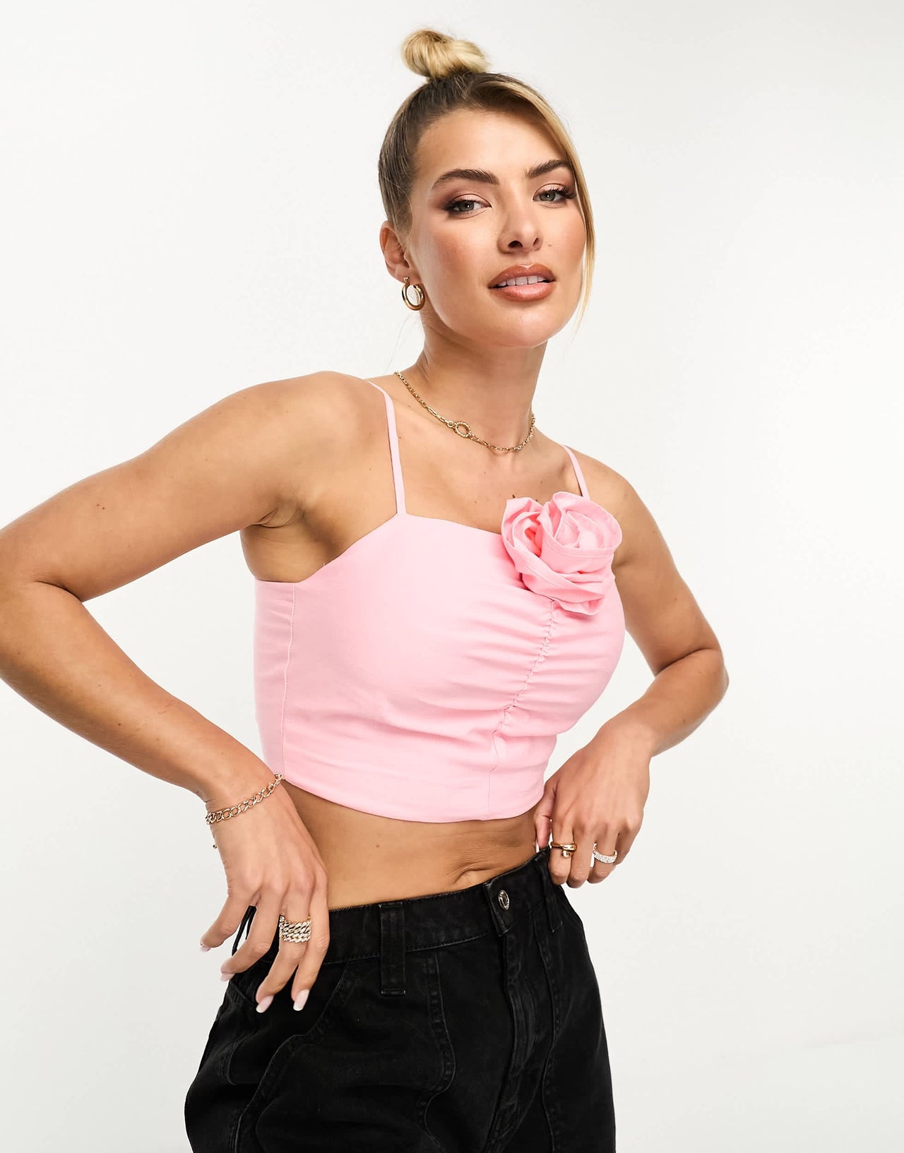 Stradivarius cami top with 3d floral in pink