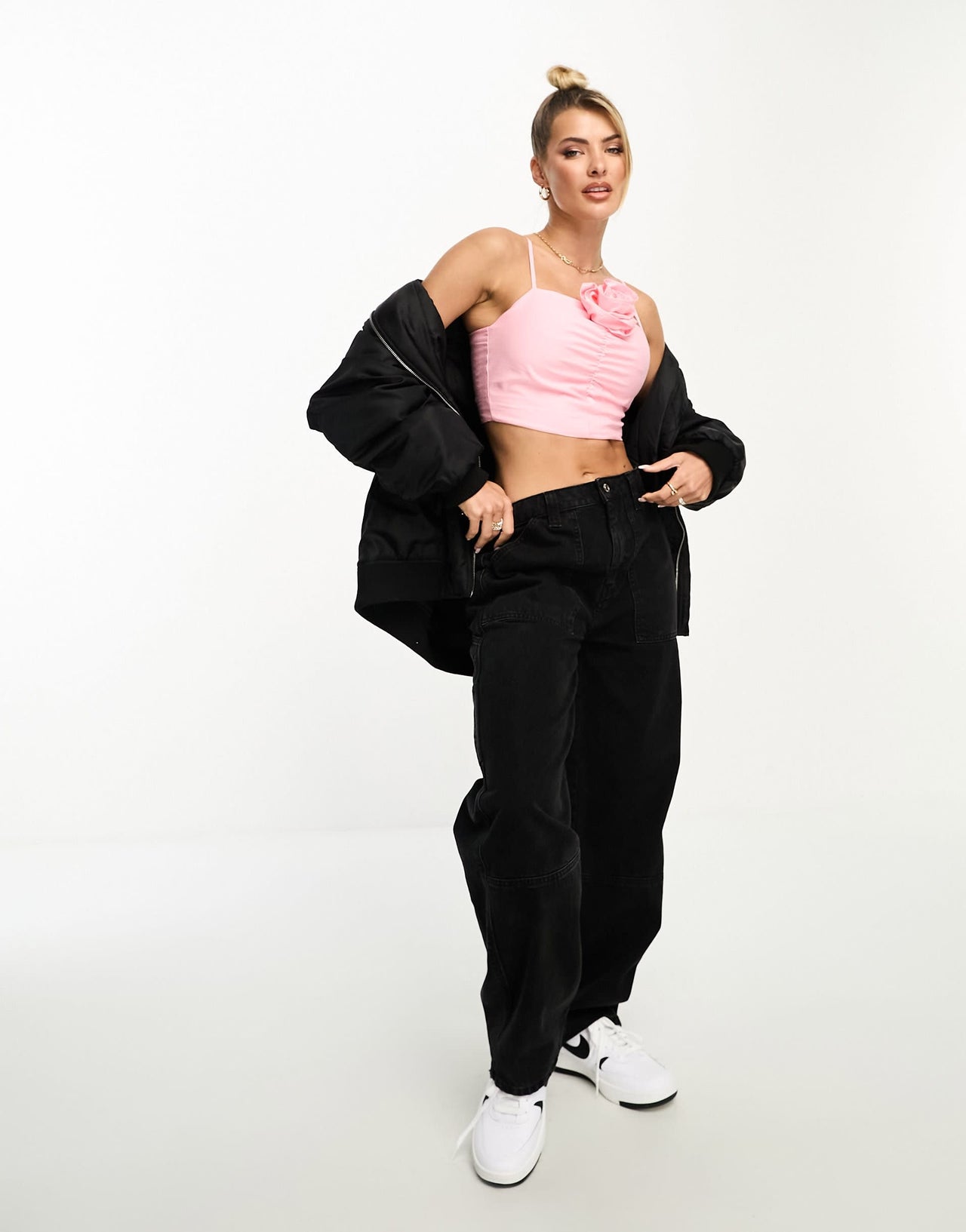 Stradivarius cami top with 3d floral in pink