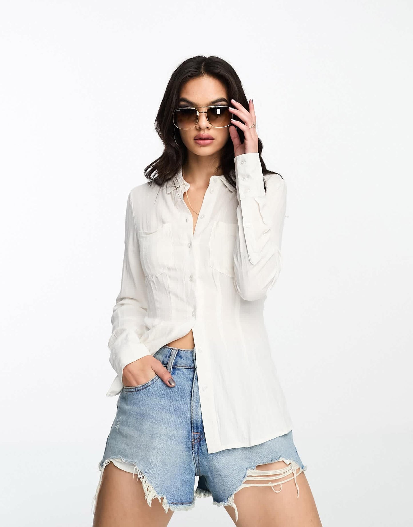 Something New X Emma Fridsell patterned open back fitted shirt with lace up detail in white
