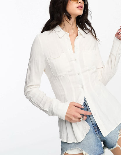 Something New X Emma Fridsell patterned open back fitted shirt with lace up detail in white