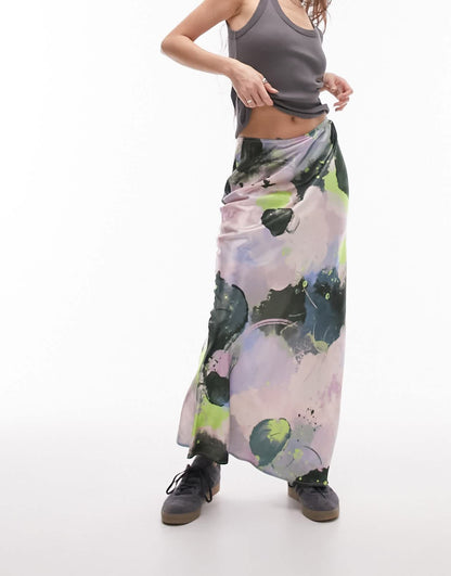 Topshop graffiti print satin bias maxi skirt in multi