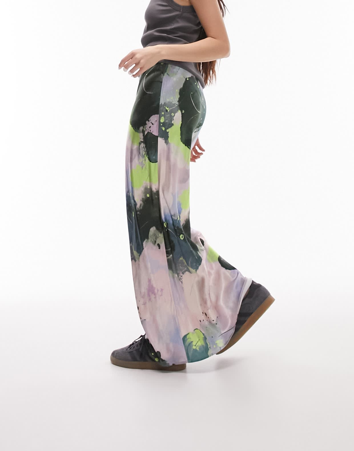 Topshop graffiti print satin bias maxi skirt in multi