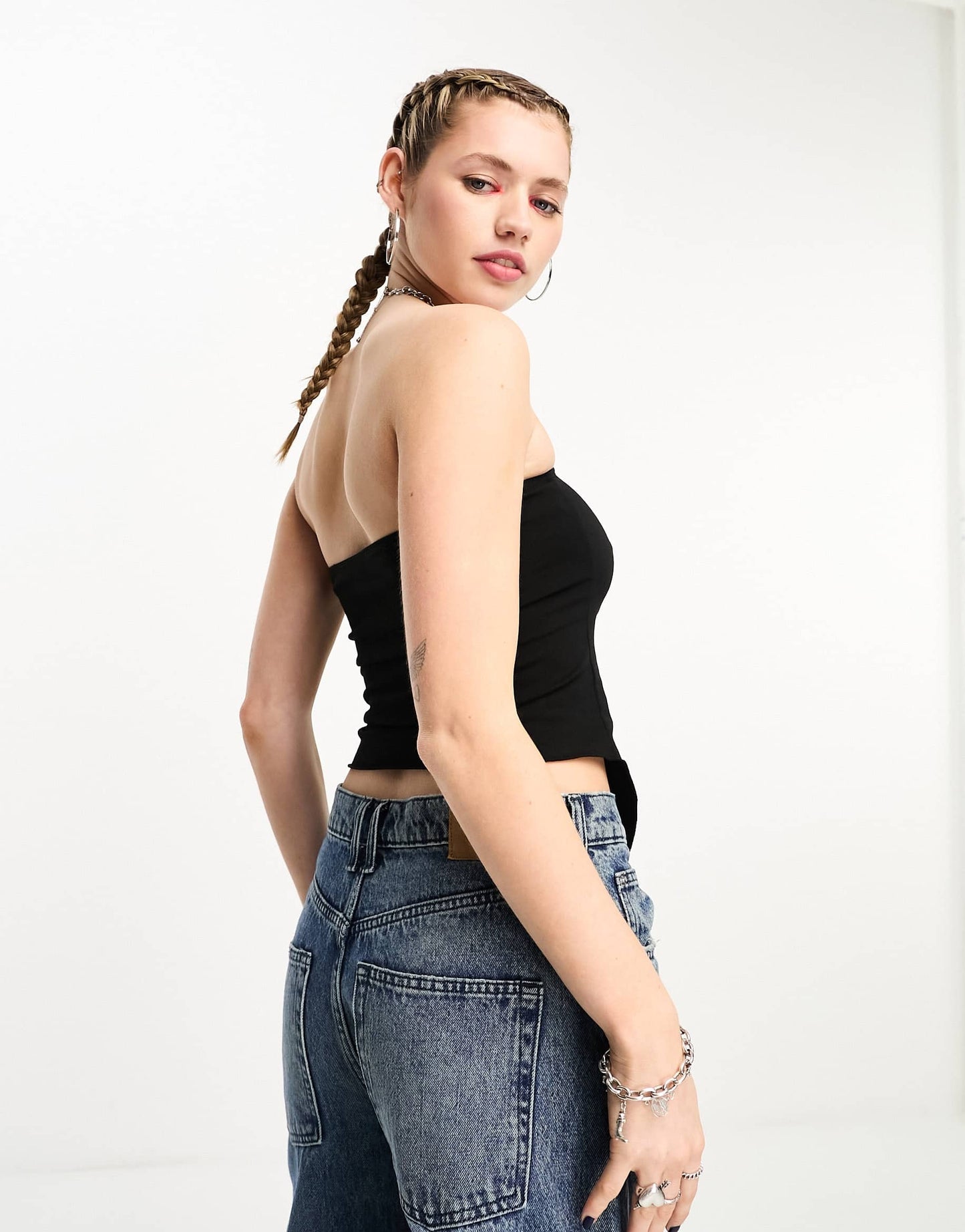 Stradivarius STR ruched front tube top in black