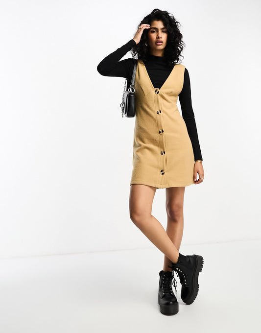 ASOS DESIGN supersoft 2 in 1 square neck pinny mini jumper dress in camel