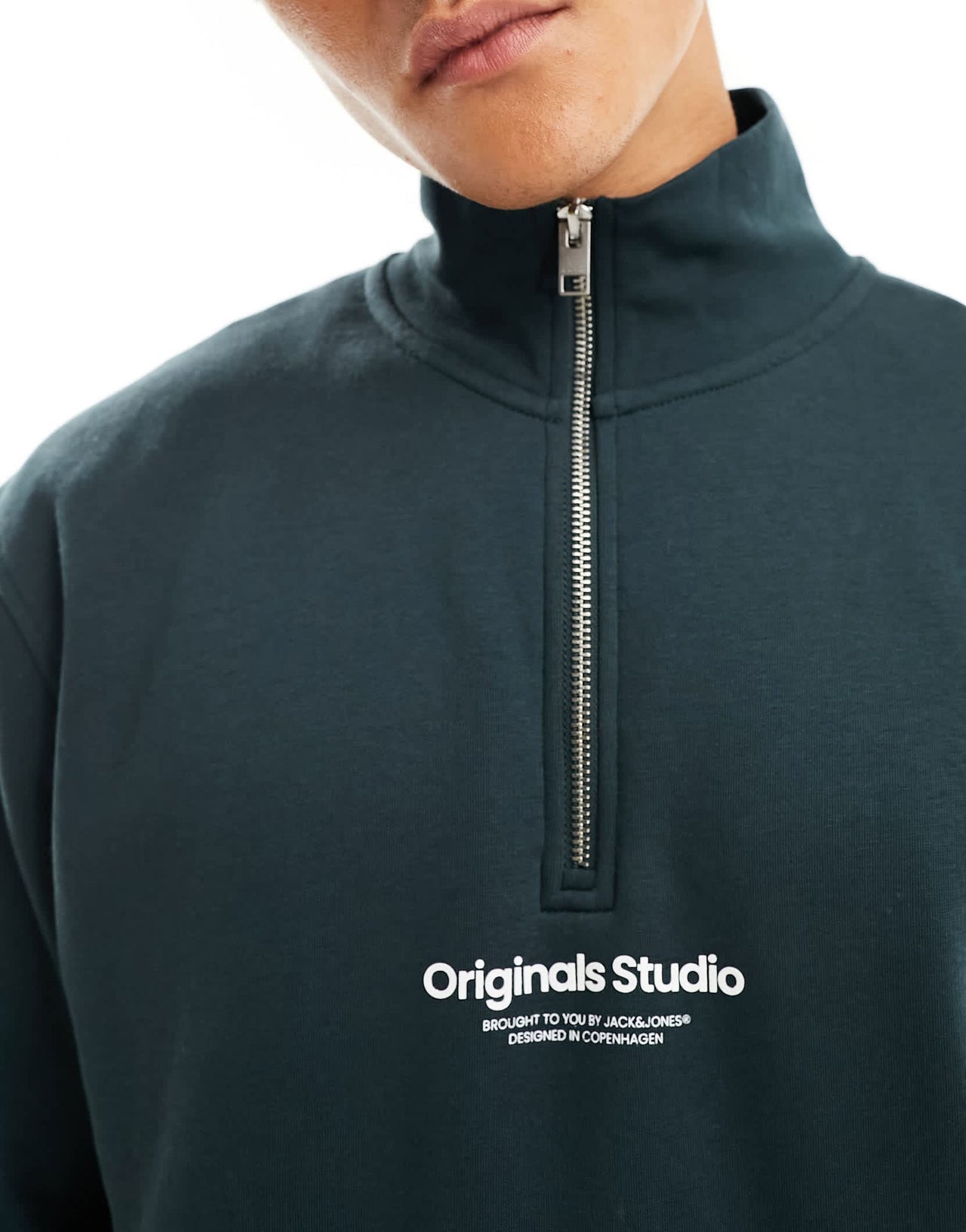 Jack & Jones 1/4 zip sweat with central logo in green