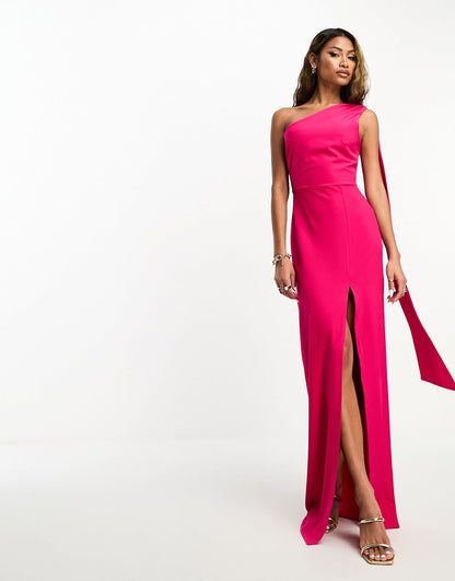 Vesper bengaline scarf detail thigh split maxi dress in bright pink