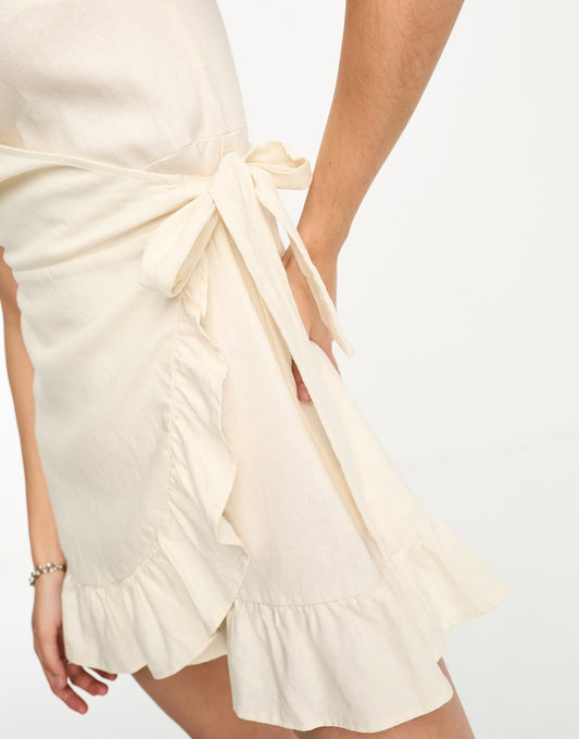 Bershka wrap front mini dress in ecru