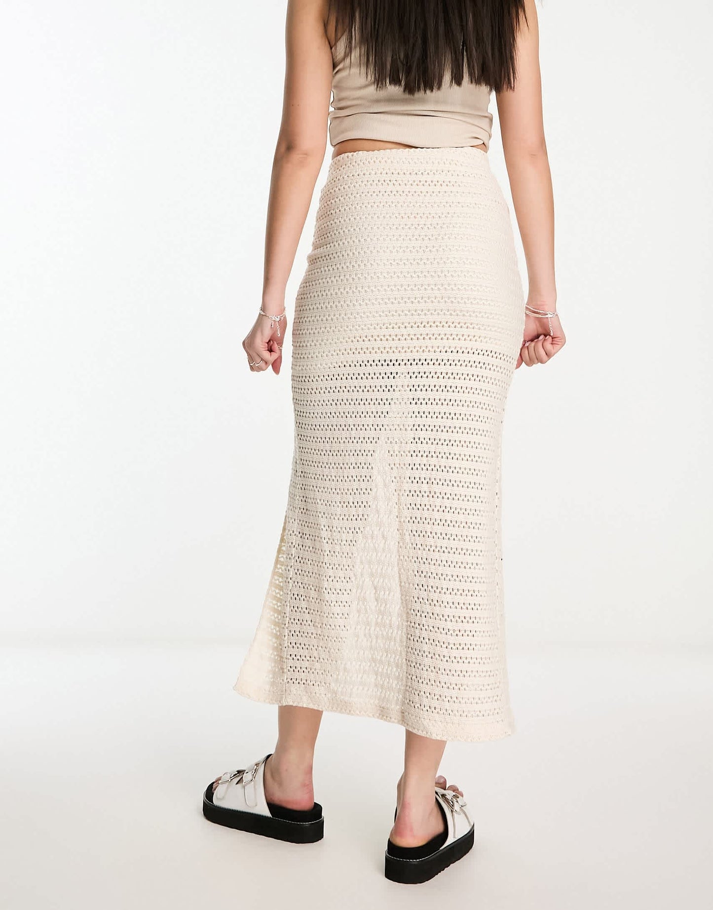 Bershka pointelle split hem midi skirt co-ord in cream