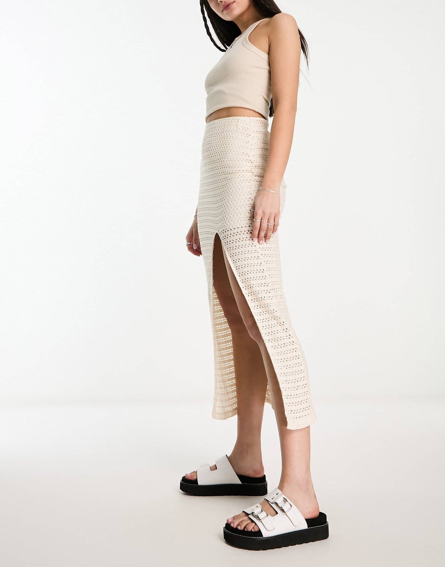 Bershka pointelle split hem midi skirt co-ord in cream
