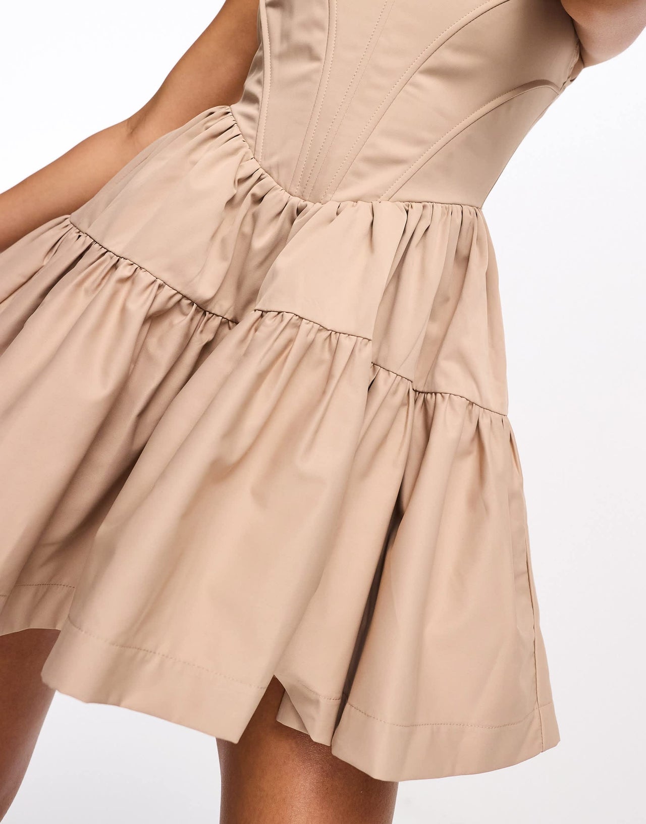 Rare London corset tiered mini dress in taupe