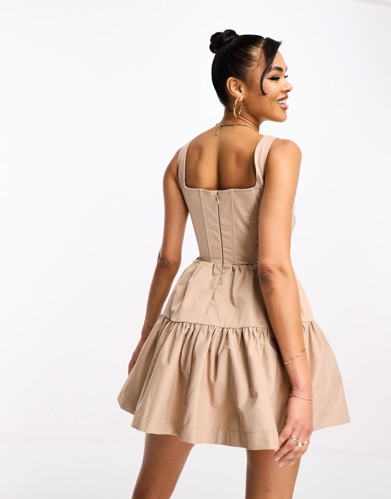 Rare London corset tiered mini dress in taupe