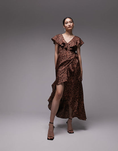 Topshop ruffle wrap midi dress in brown animal