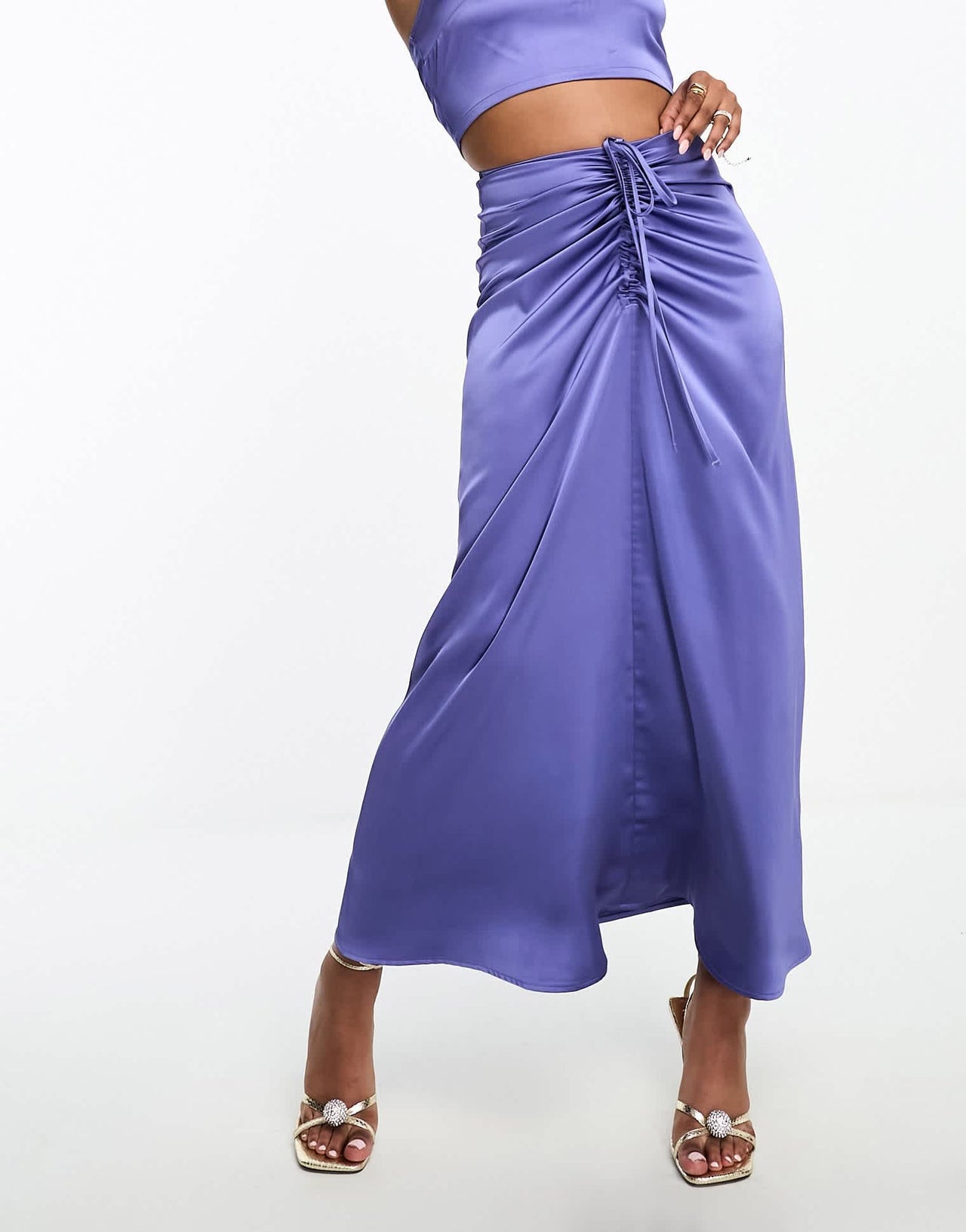 Aria Cove satin ruched front maxi skirt co-ord in blue