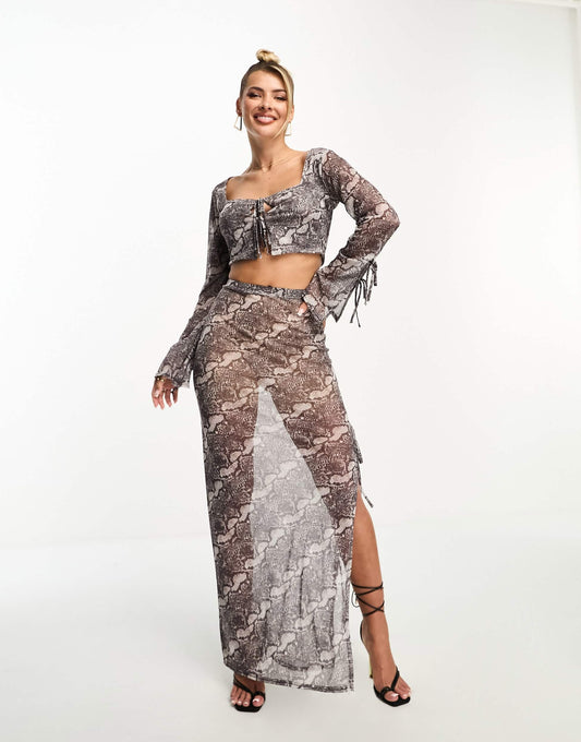 Kaiia exclusive sheer maxi skirt co-ord in snake print