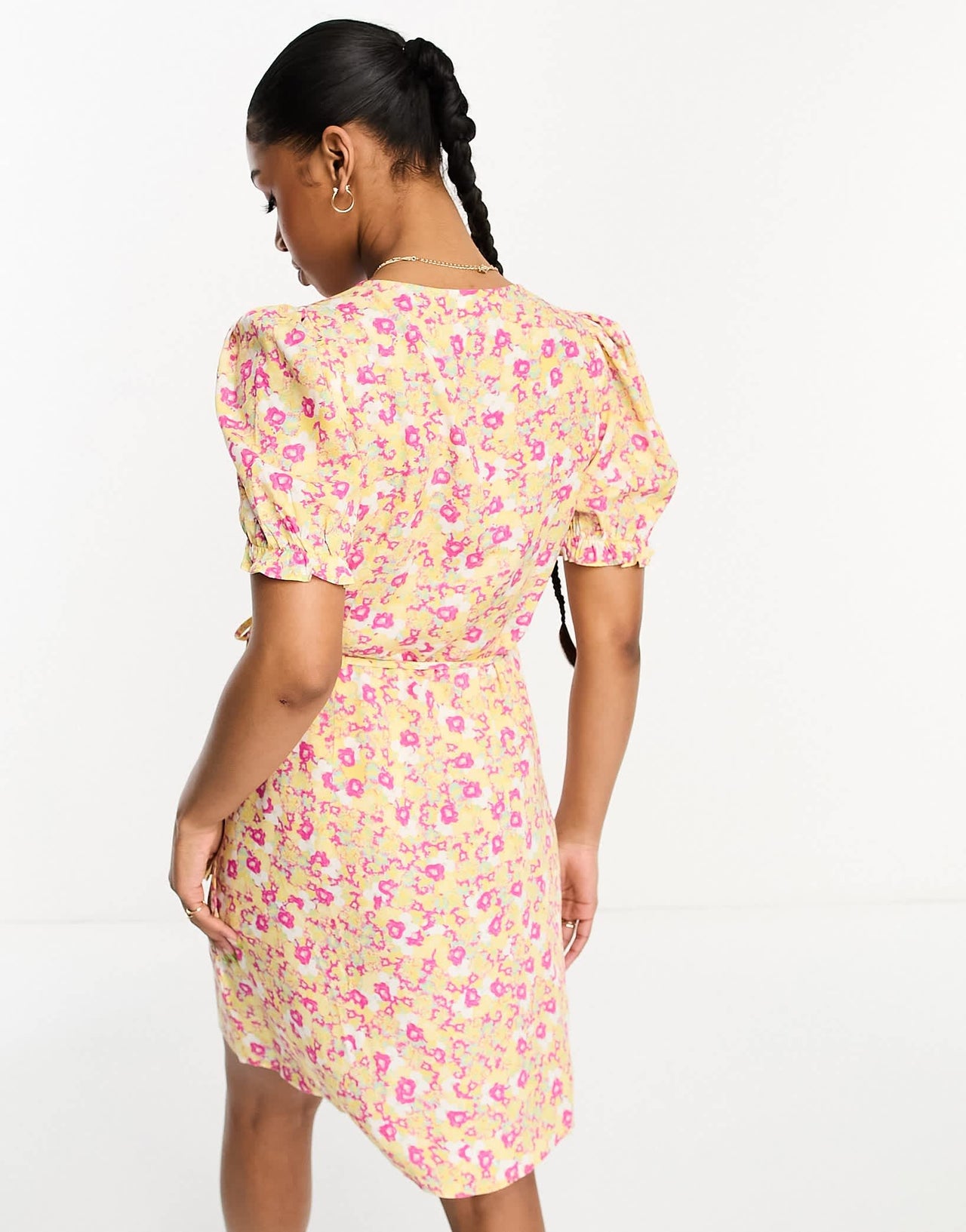 Monki wrap mini dress in yellow floral print