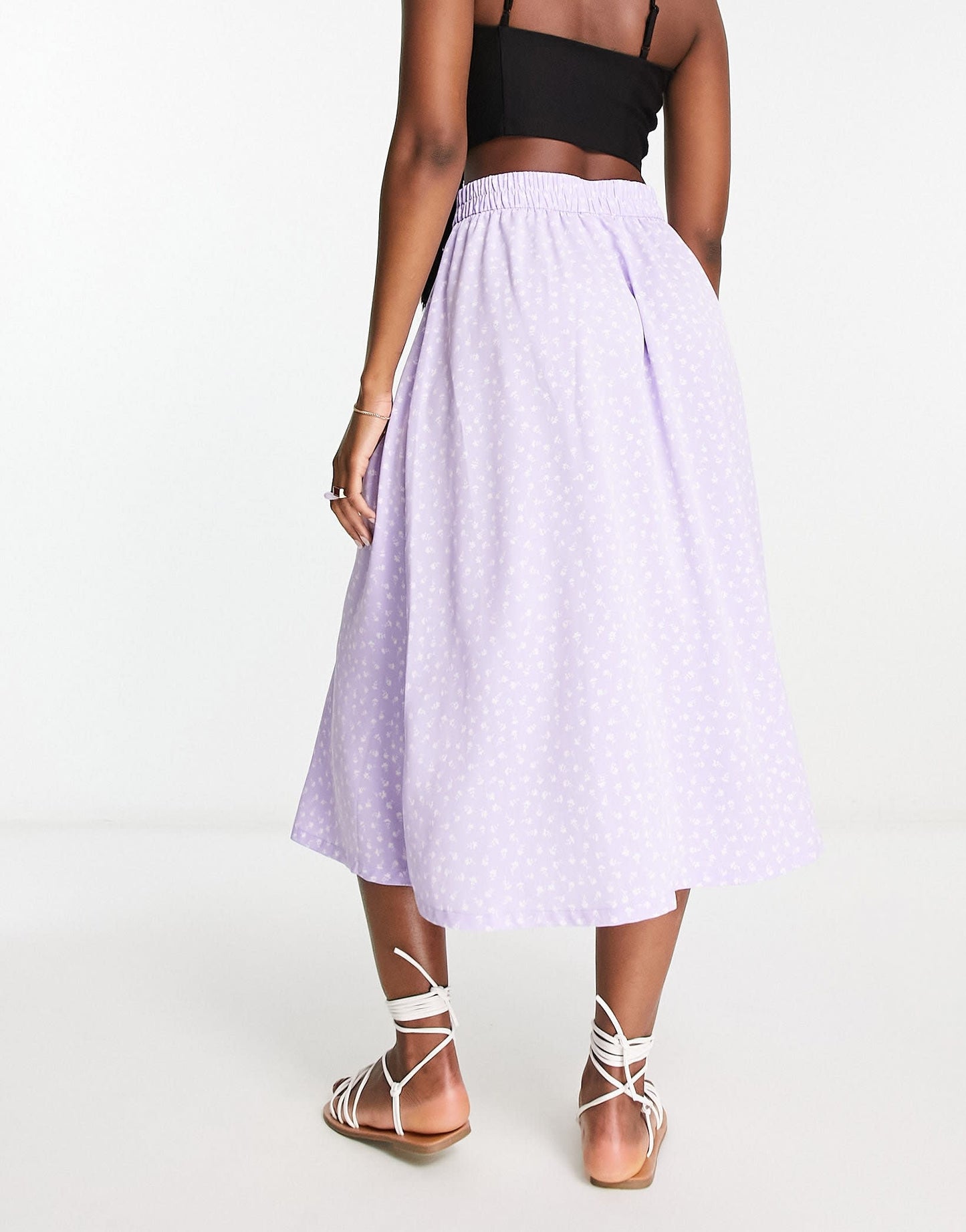 Monki button through midi skirt in lilac ditsy