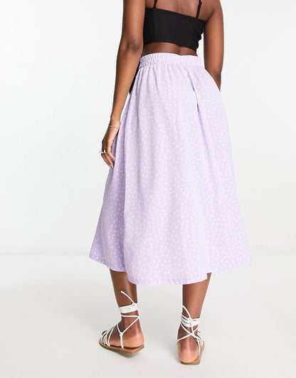 Monki button through midi skirt in lilac ditsy