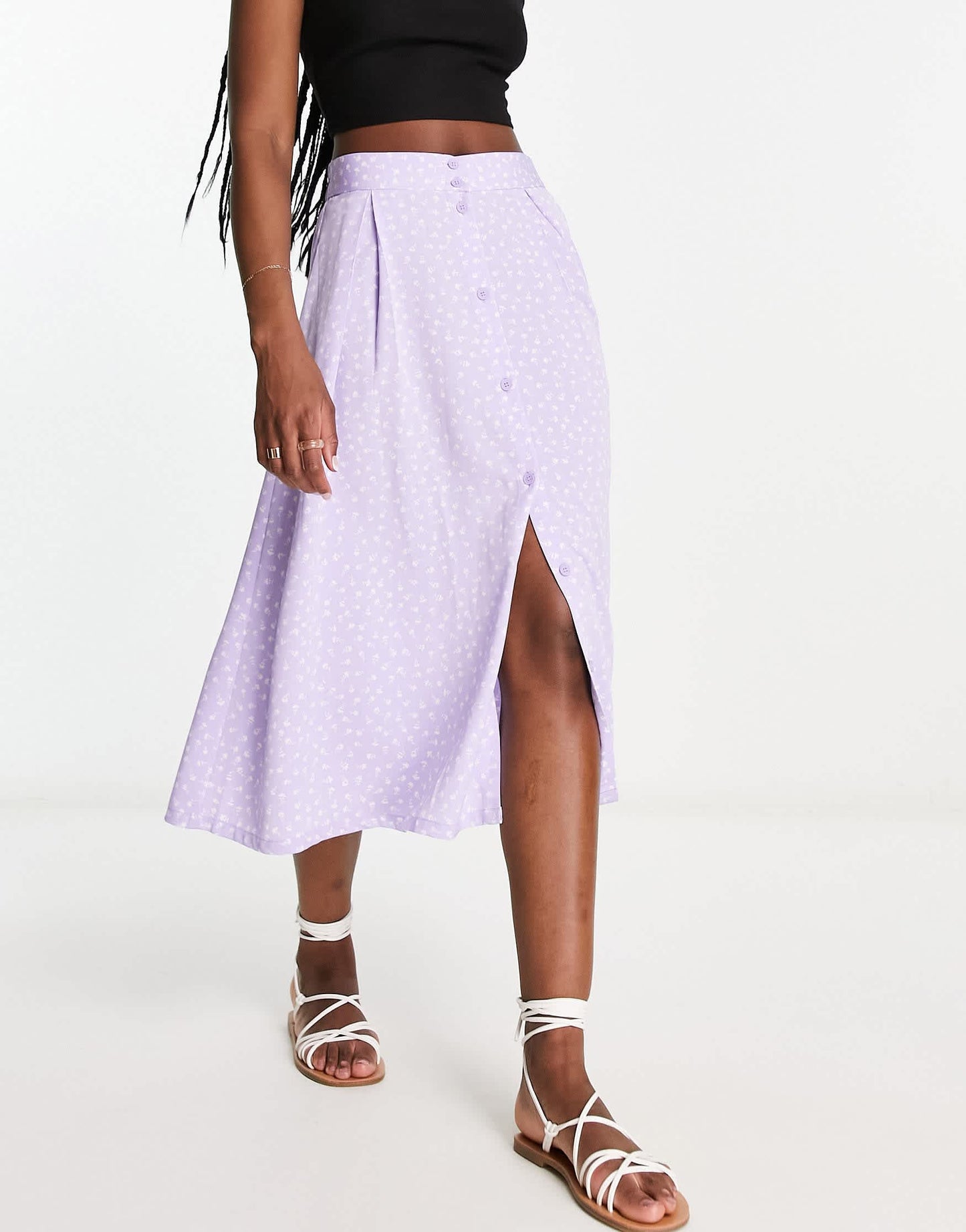 Monki button through midi skirt in lilac ditsy