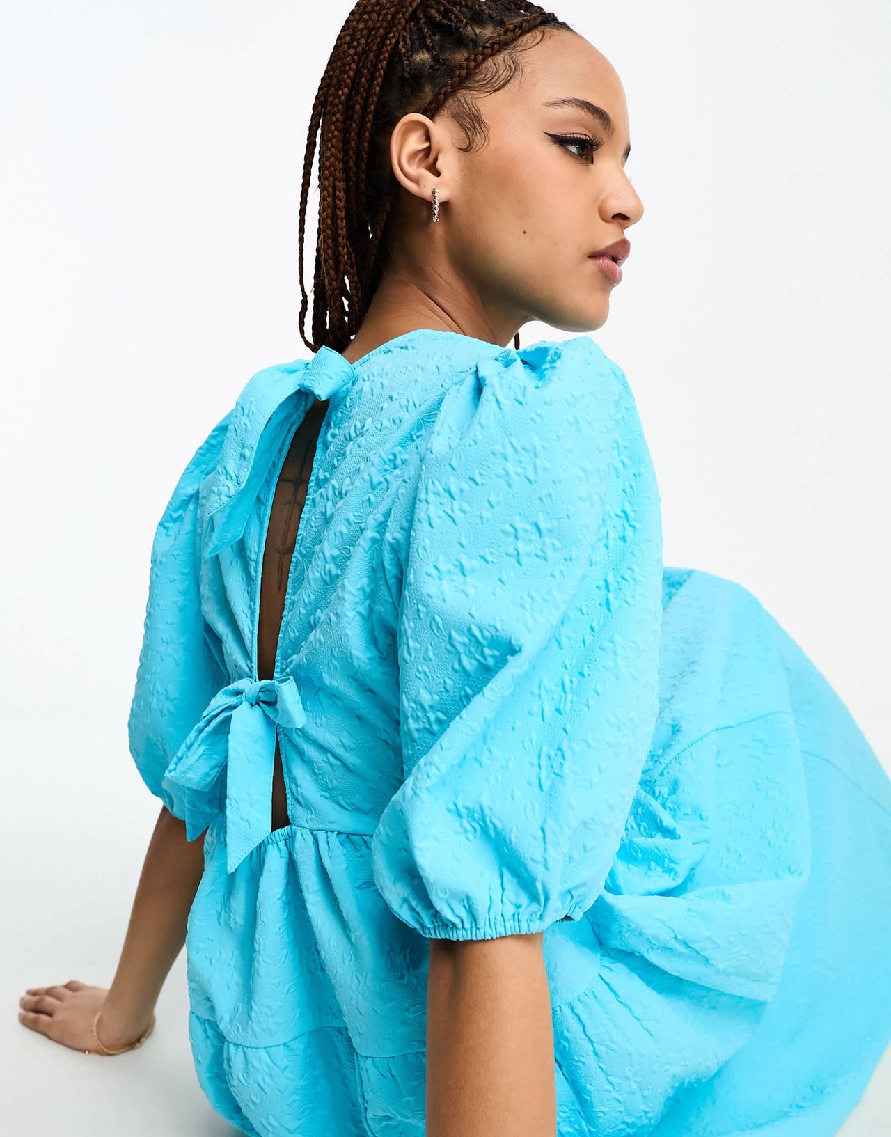 Monki balloon sleeve midi dress in light blue