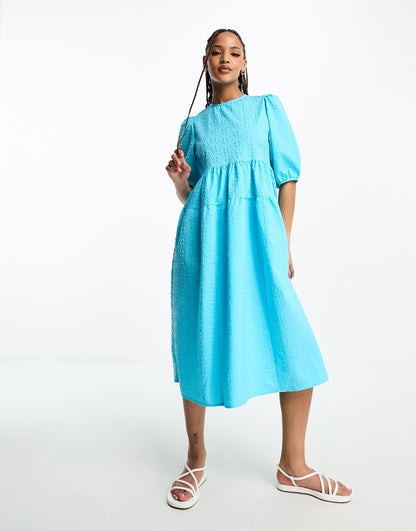 Monki balloon sleeve midi dress in light blue