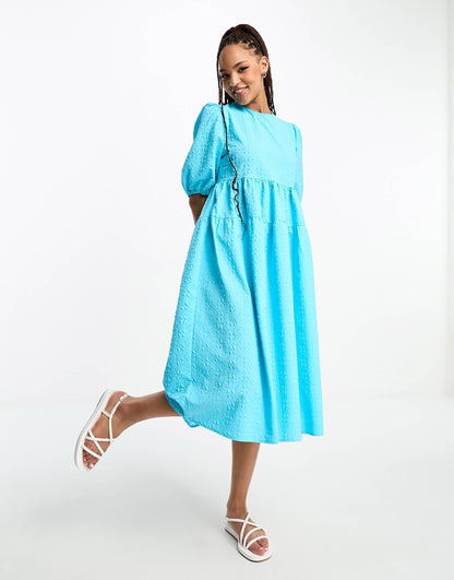 Monki balloon sleeve midi dress in light blue