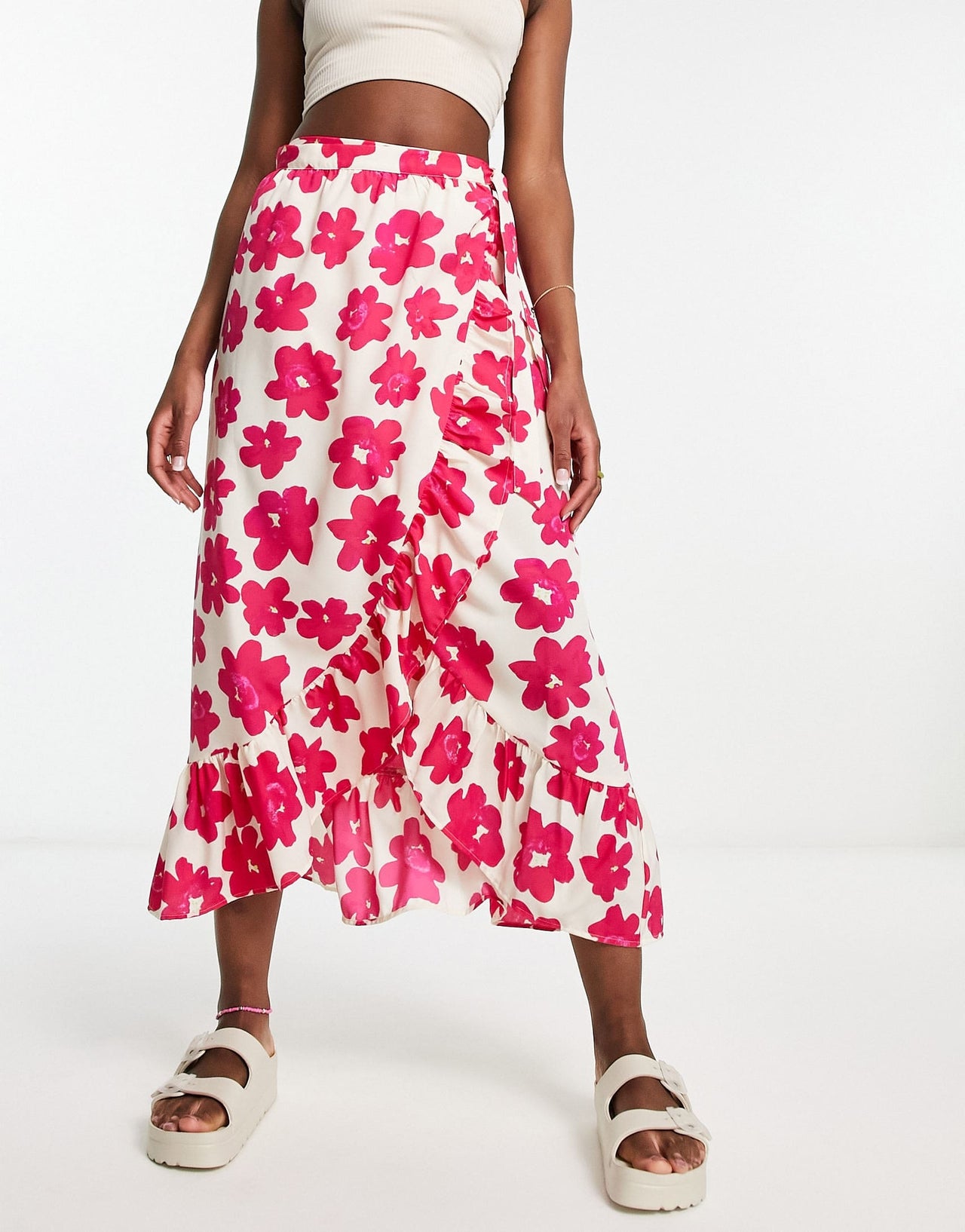 Monki wrap midaxi skirt in pink floral print