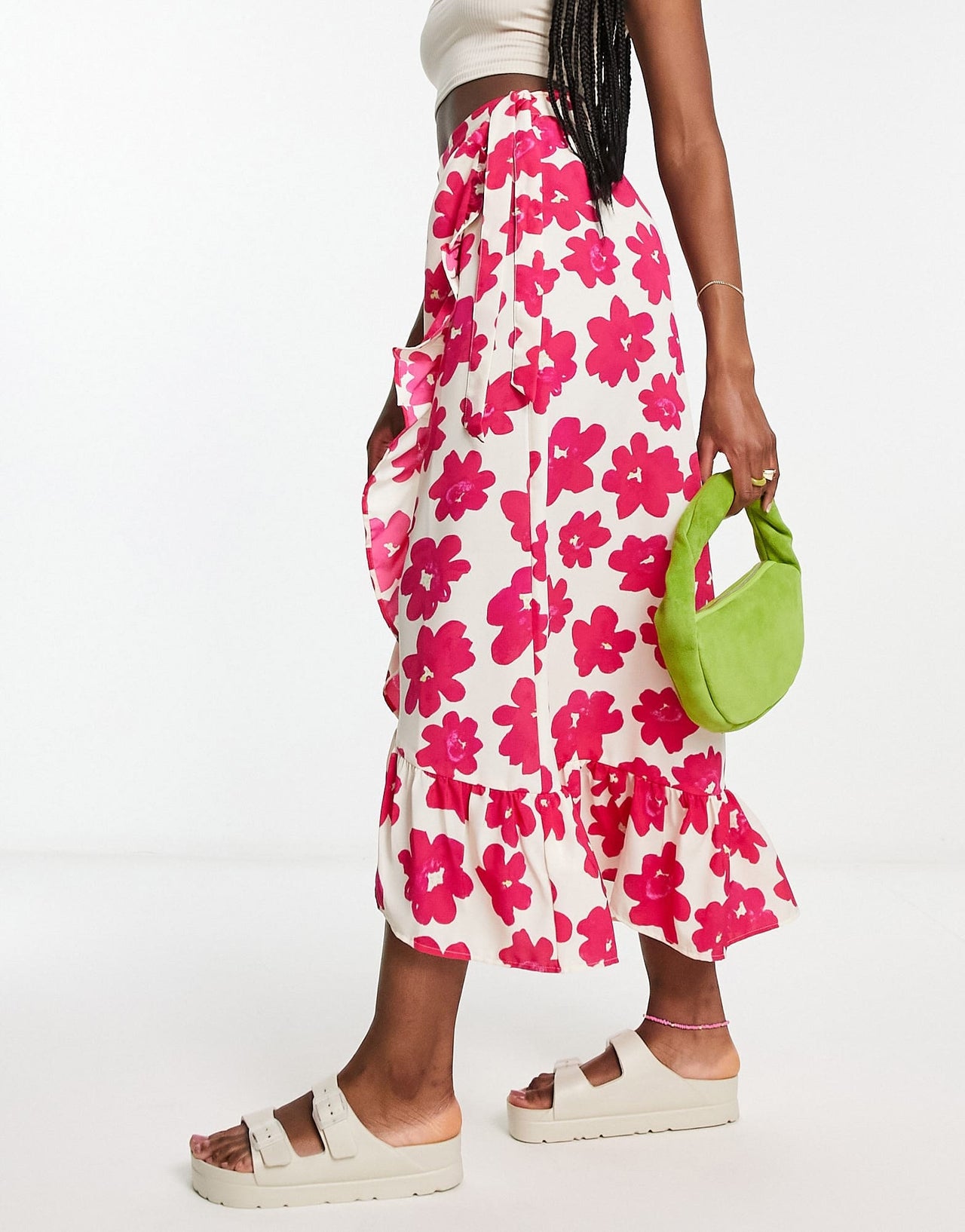 Monki wrap midaxi skirt in pink floral print