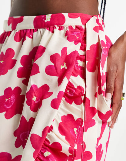 Monki wrap midaxi skirt in pink floral print