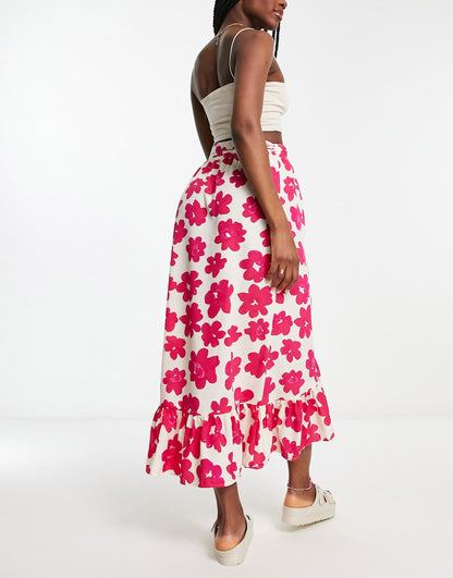 Monki wrap midaxi skirt in pink floral print