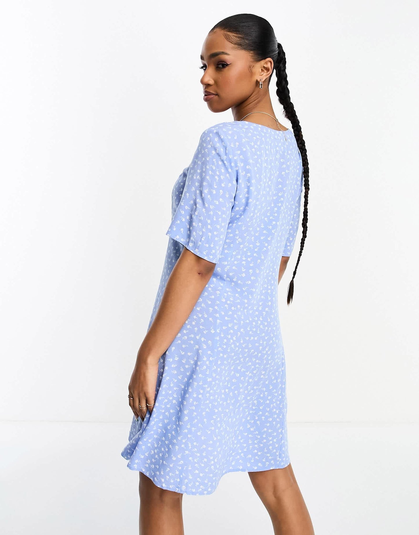 Monki button through mini dress in blue ditsy print