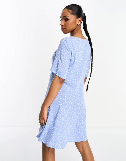 Monki button through mini dress in blue ditsy print