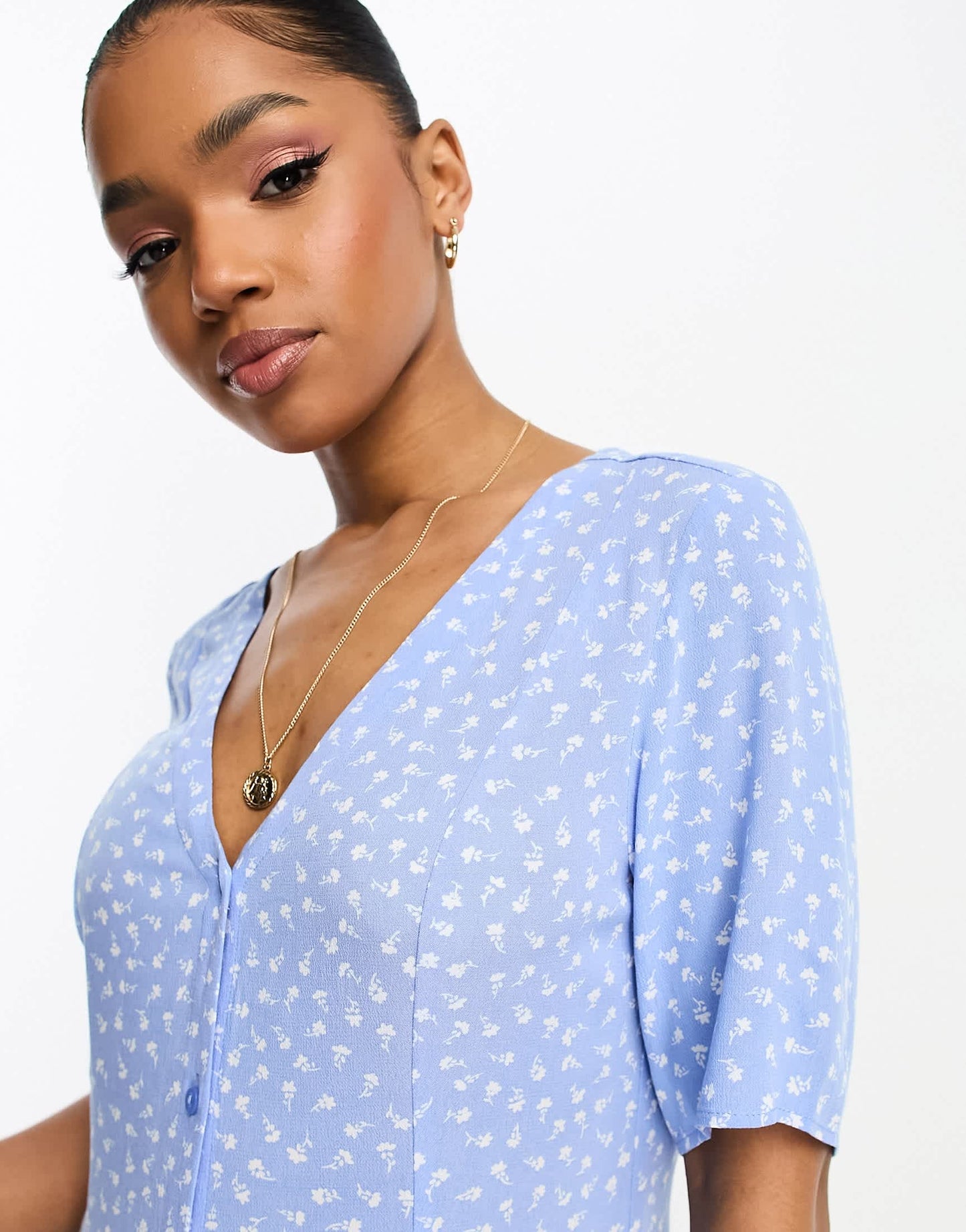 Monki button through mini dress in blue ditsy print