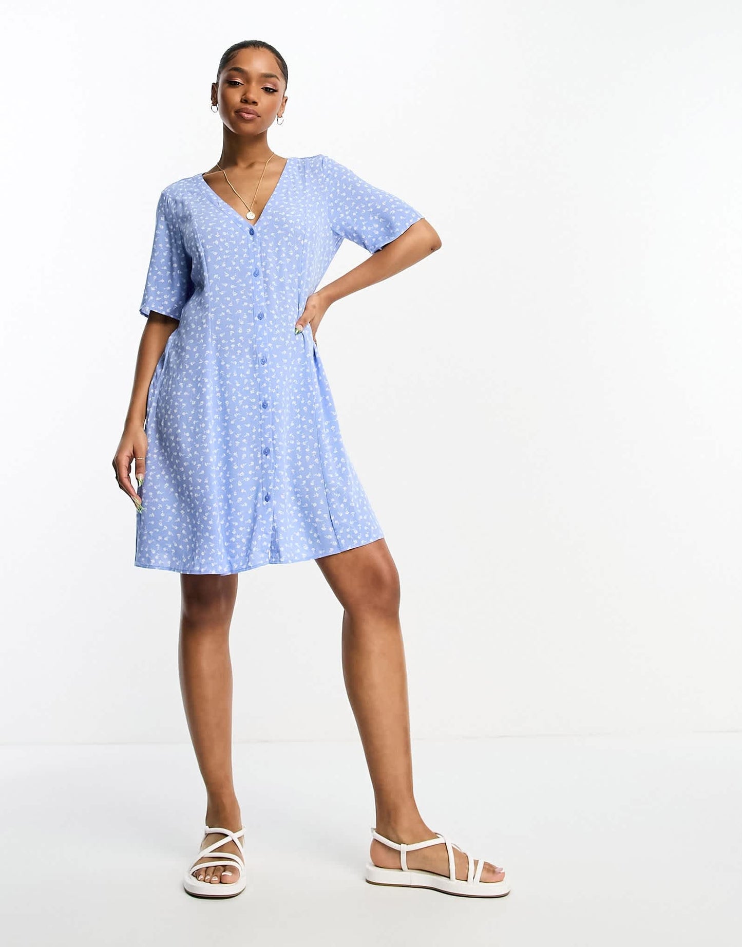 Monki button through mini dress in blue ditsy print