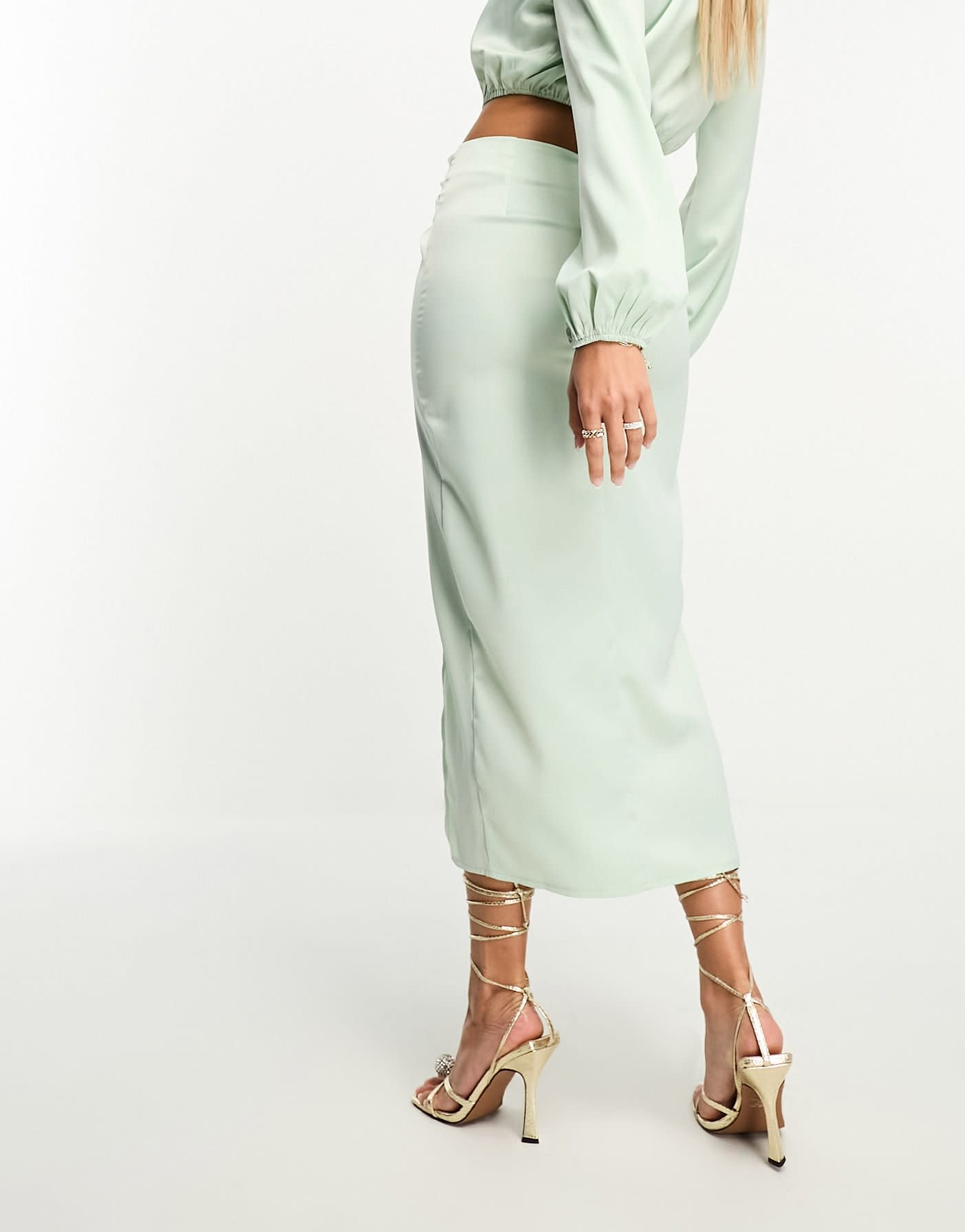 In The Style exclusive satin knot drape detail midi skirt co-ord in pale green