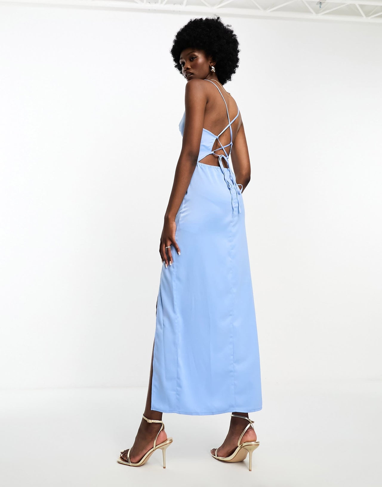 In The Style Tall exclusive satin cowl neck tie back maxi dress in blue