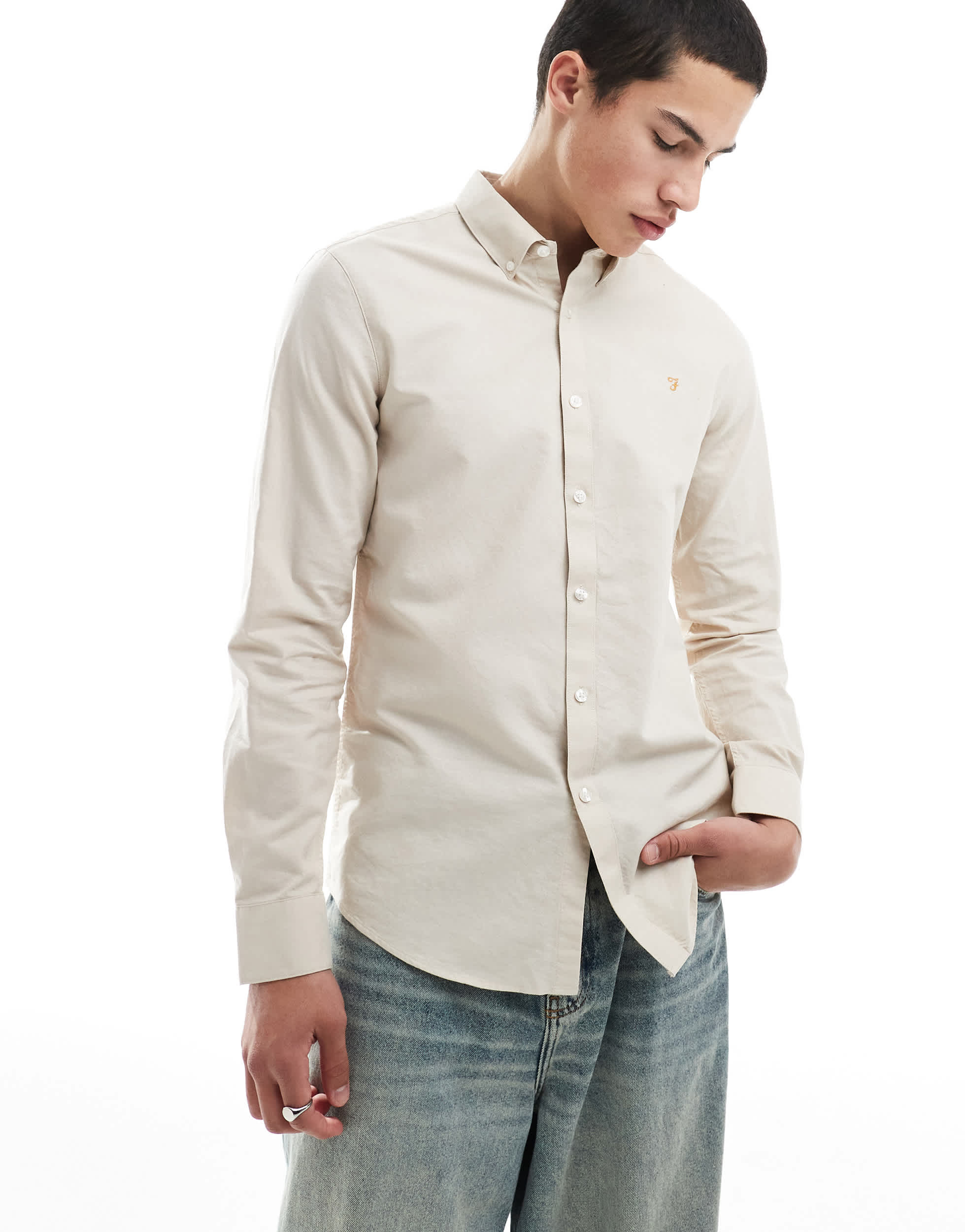 Farah Brewer slim fit long sleeve shirt in off white