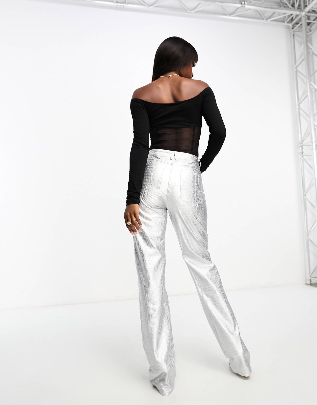 Naked Wardrobe leather look wide leg trouser in silver croc