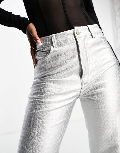 Naked Wardrobe leather look wide leg trouser in silver croc