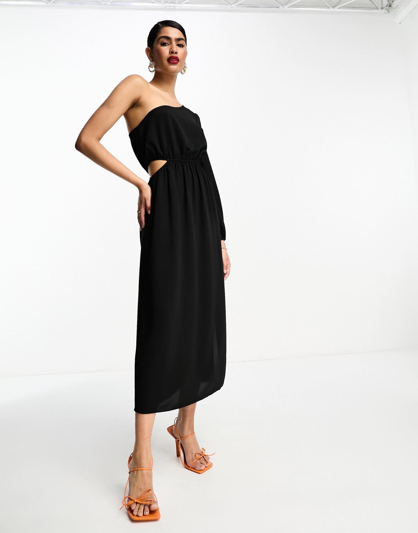 ASOS DESIGN one shoulder cut out midi dress in black